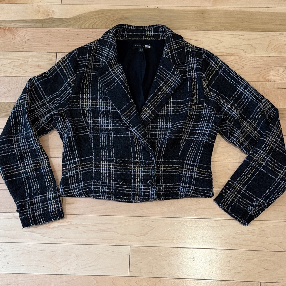 Slate & Willow plaid tweed cropped Black blazer Jacket